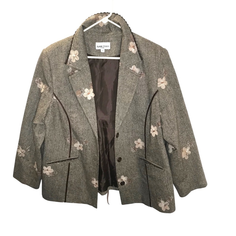 Claire France Gray Floral Blazer Jacket Corset Lace Back Detail Size 16